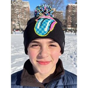 Rolling Stones Pom‎ Beanie Winter Hat,  Classic Checkered Tongue Logo NWT